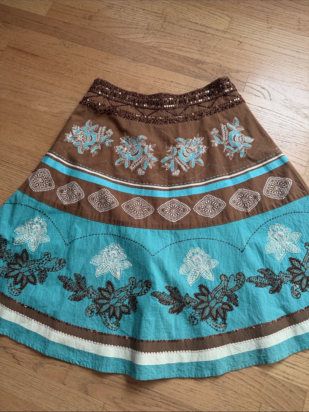 Embroidered A-Line Skirt in Turquoise and Brown